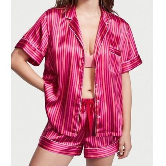 Victoria's Secret Other - EUC Victoria's Secret Pink Stripe Satin Boxer Short Short Sleeve Pajama Set | S